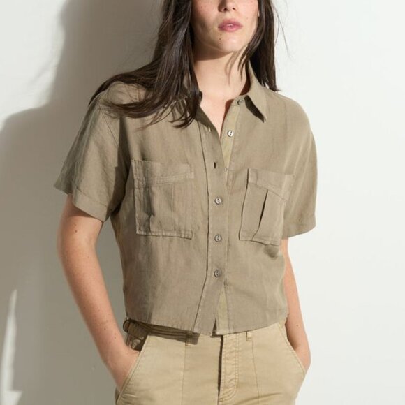 Rowan Women's Sloane Short Sleeve Linen Blouse in Harvest Green - Picture 1 of 11